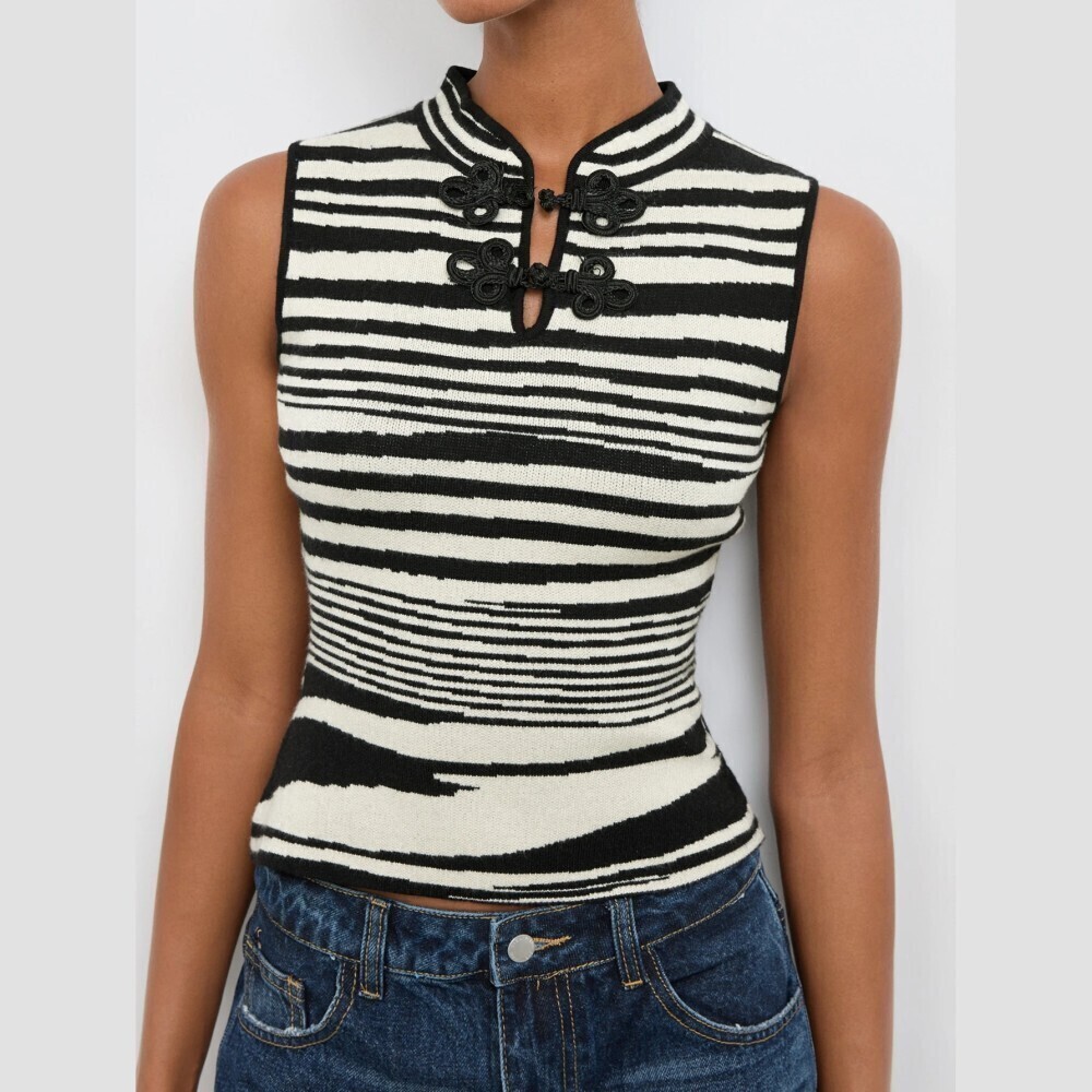 Cream Black Striped Frog Button Mandarin Collar Knit Tank Top